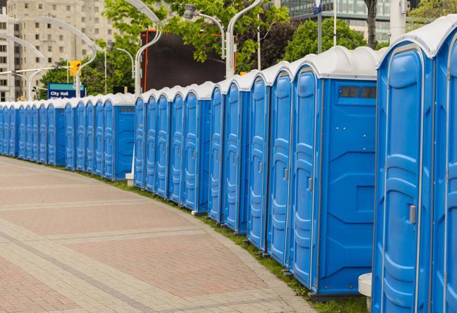 a row of portable restrooms at a fairground, offering visitors a clean and hassle-free experience in hanahan